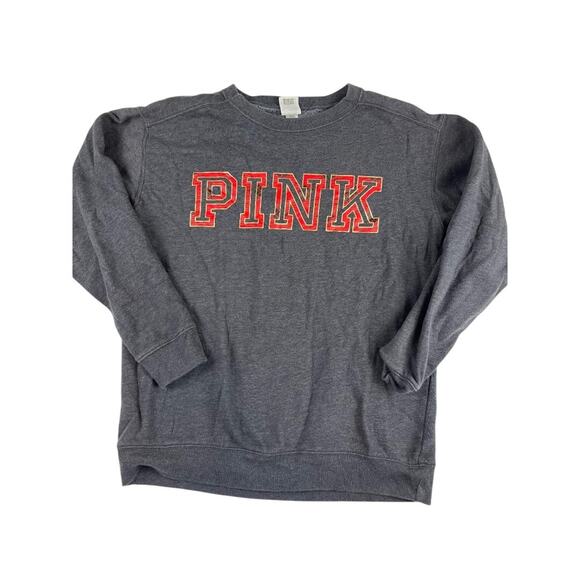 Victoria's Secret PINK Crewneck Sweatshirt XS Gray Red Logo Cotton Blend - Picture 1 of 9